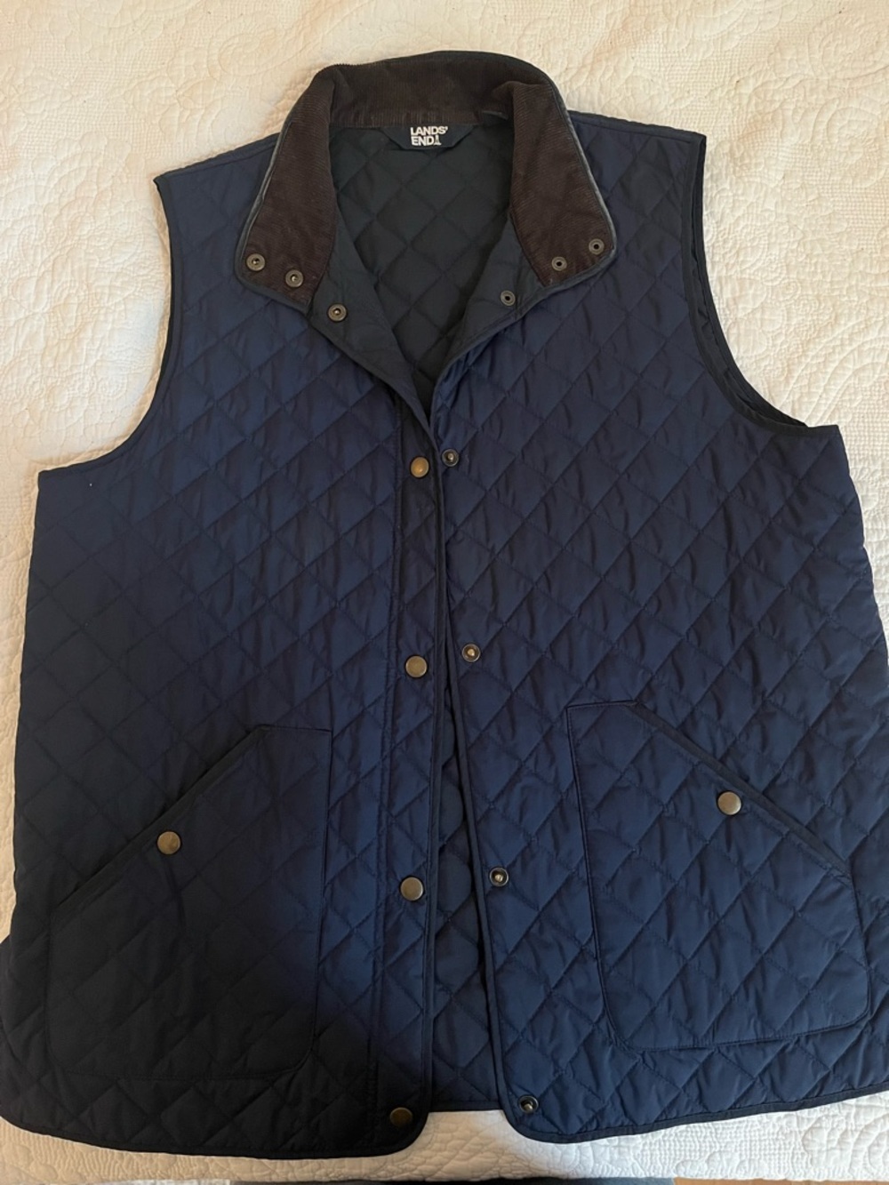 Lands' End Quilted Navy Diamond-Pattern Vest with Corduroy Collar